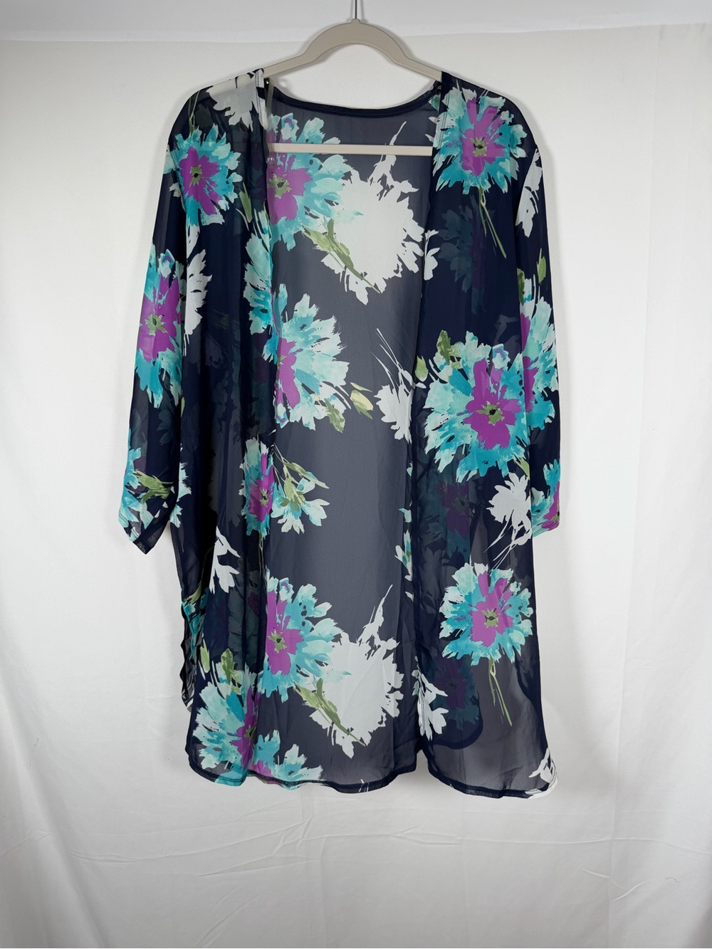 Andrade Floral Navy Sheer Swim Coverup -‎ Turquoise & Purple
